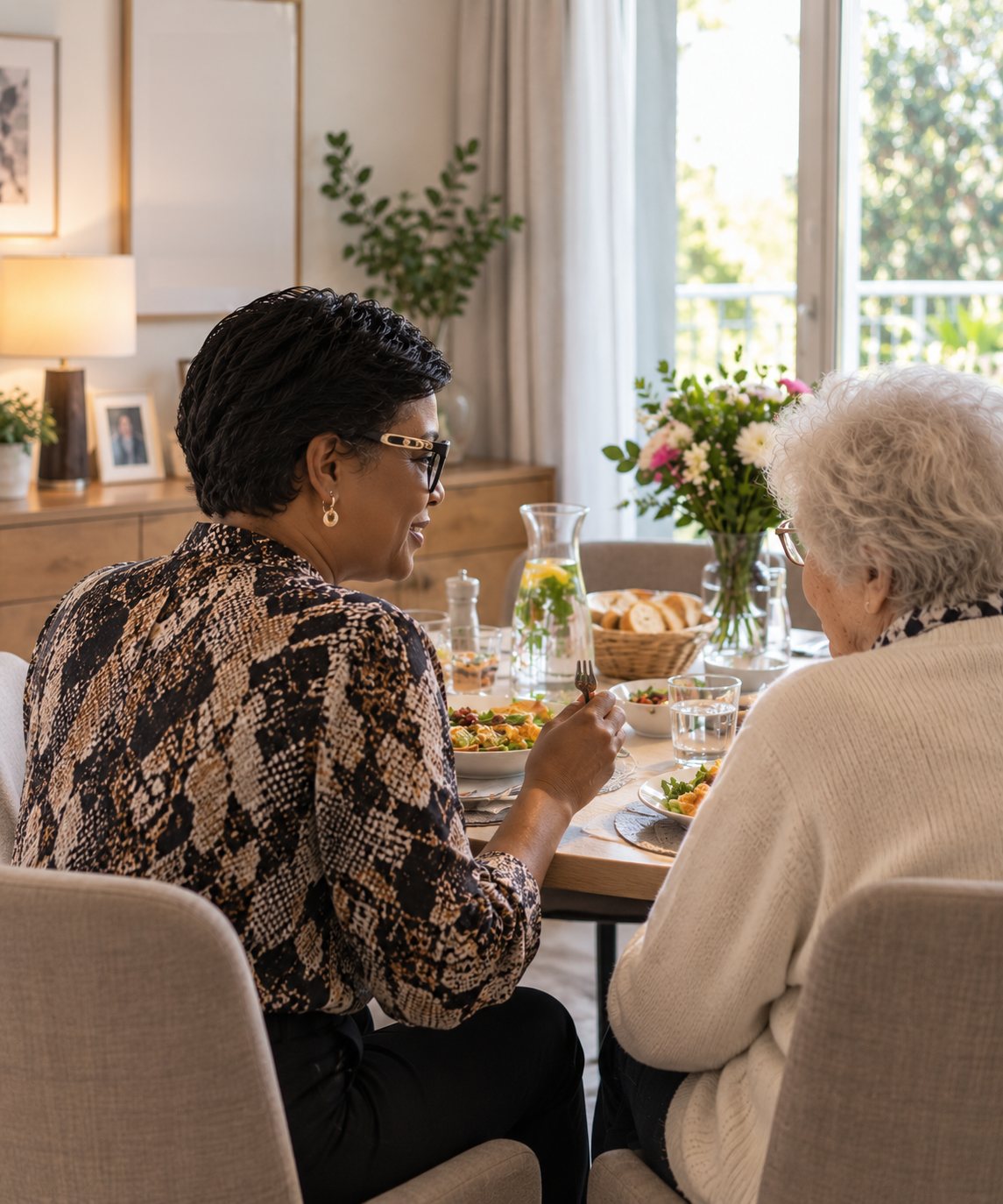 Sonia et une dame âgée déjeunent à la table du salon, près de la fenêtre.